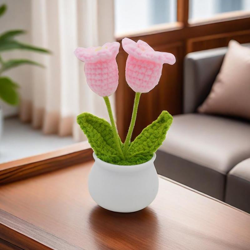 Crochet Bell Orchid Flower Potted Ornament, Handmade Knitting Flower Potted Plant, Decorative Flower for Home Living Room Bedroom Dining Room