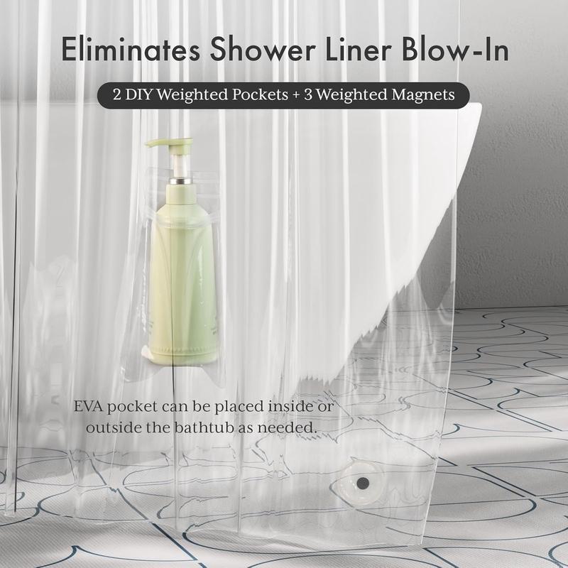 AmazerBath Shower Curtain Liner with 2 Weights Pockets, No Blowing Clear Plastic Shower Liner with 2 DIY Weighted EVA Pockets & 3 Magnets, Waterproof Hanging Shower Curtain for Bathroom Stall