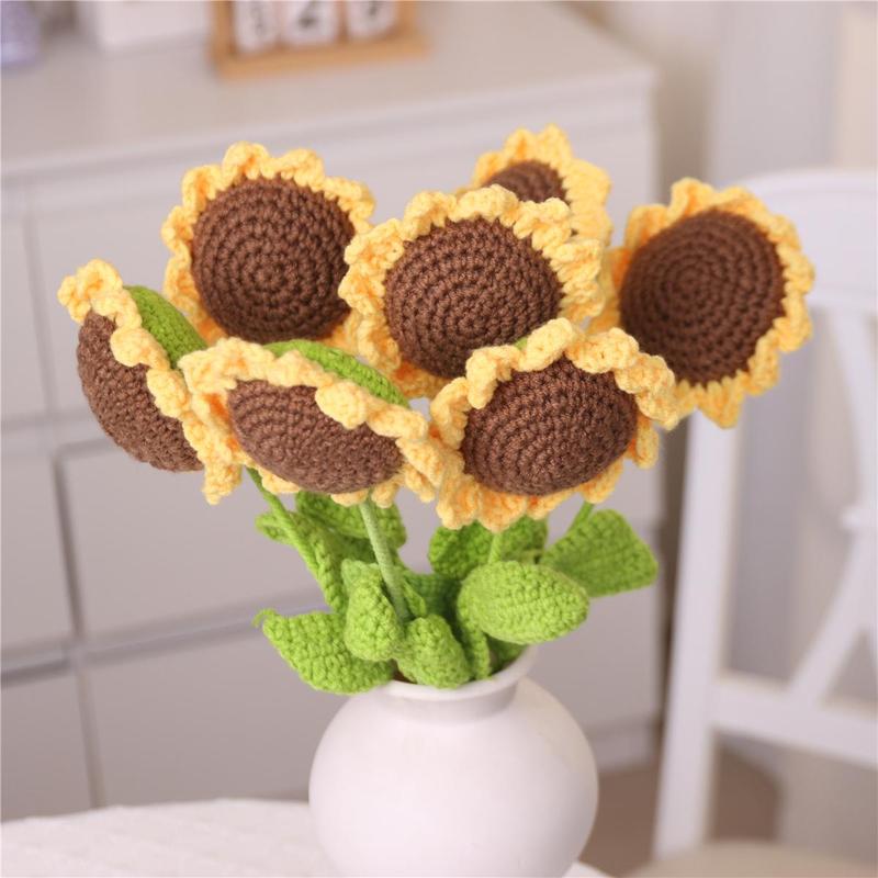 Sunflower Design Crochet Flower, 7 Counts set Artificial Handmade Crochet Flower without Vase,  Sunflower Bouquet, Home Decor for Living Room Bedroom, Summer Gifts