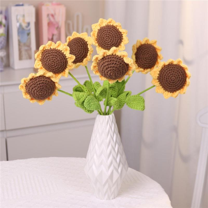 Sunflower Design Crochet Flower, 7 Counts set Artificial Handmade Crochet Flower without Vase,  Sunflower Bouquet, Home Decor for Living Room Bedroom, Summer Gifts