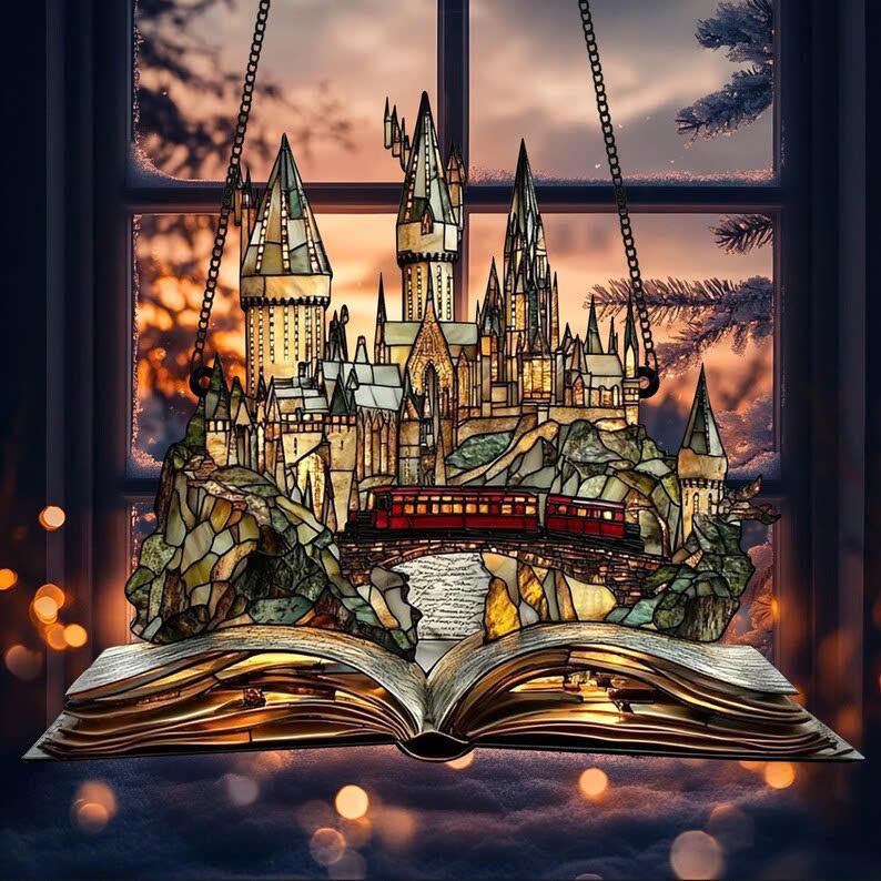 HGWs Express Train And Castle ACRYLIC Ornament Wizard School Acrylic Window Hanging Magical Castle Bookish Wall Art Hanging Decor