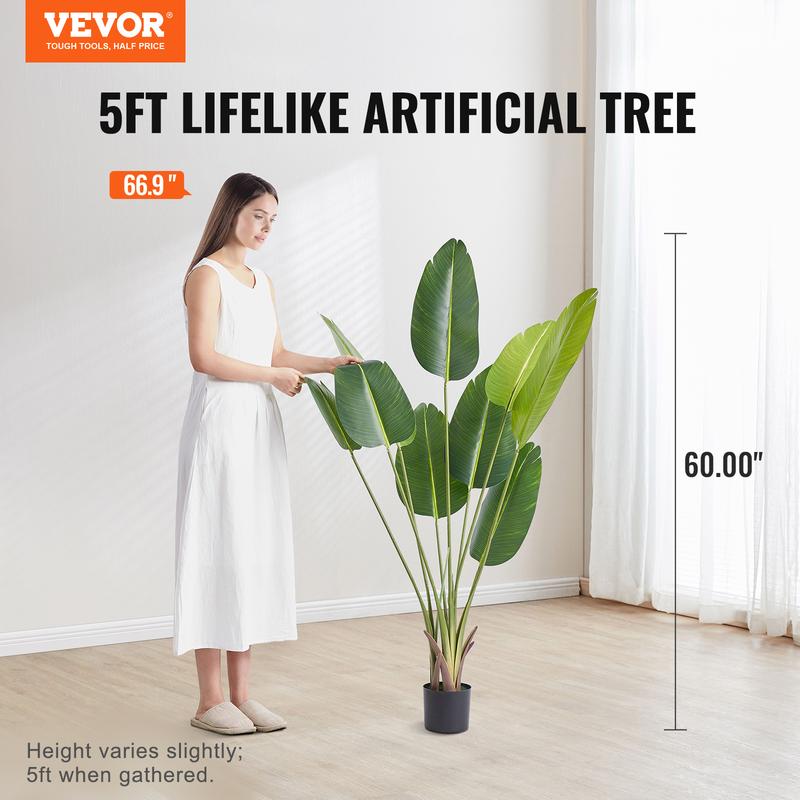 VEVOR Artificial Birds Of Paradise Tree, 5 FT Tall Faux Plant, PE Material & Anti-Tip Tilt Protection Low-Maintenance Plant, Lifelike Green Fake Tree for Home Office Warehouse Decor Indoor Outdoor Decorative Fruit