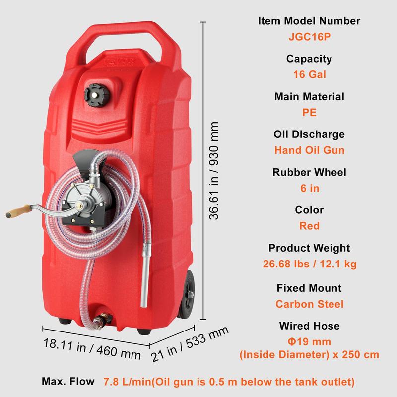 VEVOR 16 Gallon Fuel Caddy, 7.8 L min, Portable Gas Storage Tank Container with Hand Pump Rubber Wheels, Fuel Transfer Storage Tank for Gasoline Diesel Machine Oil Car Mowers Tractor Boat Motorcycle