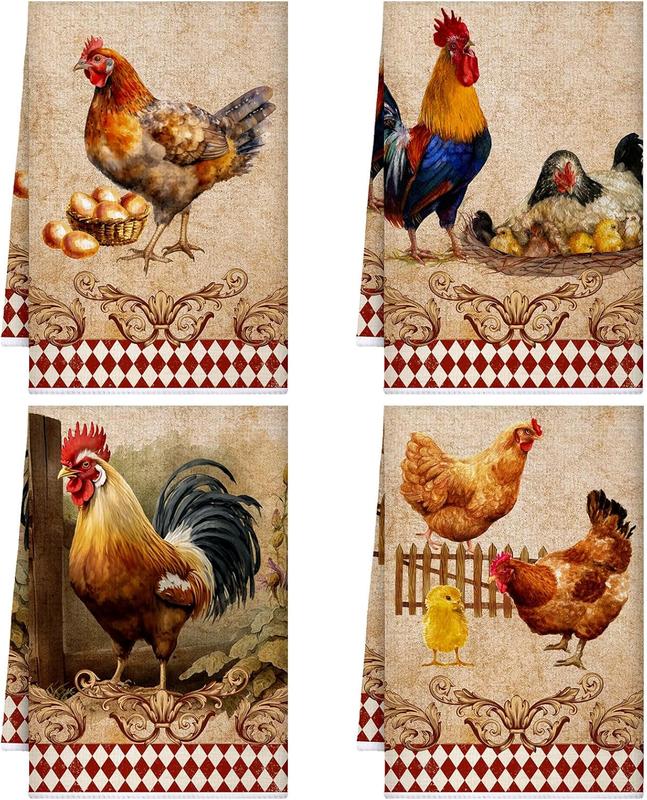 4 count Kitchen Towels Christmas Chicken Farm Dish Towels Farmhouse Vintage Rooster  Towels Rustic 16 x 24 Inch Hand Towels for Bathroom(Classic Color,Rooster)