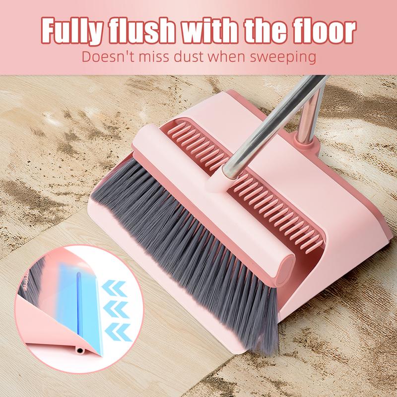 Pink Broom and Dustpan Set-Self-Cleaning with Dustpan Teeth, Large Upright Duspan and brush with 53.14'' Long Adjustable Handle for Indoor&Outdoor Sweeping, Home Kitchen Office Restaurant Hall Floor