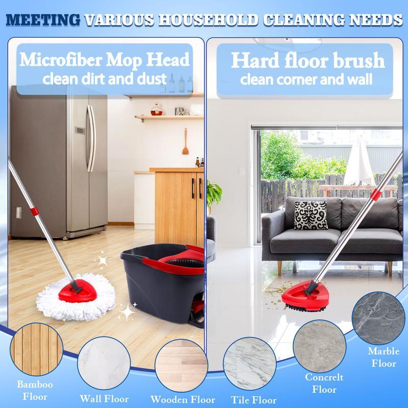 Spin Mop Head and Brush Replacement Compatible with O Cedar EasyWring 1-Tank System, 4 Mop Replace Heads, 1 Mop Handle, 1 Mop Base and 1 Mop Base Scrub Brush Combo Set