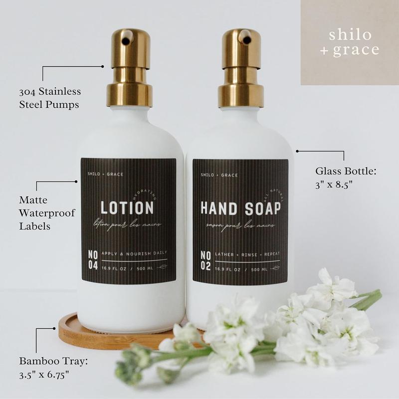 White 16oz Glass Soap Dispenser Set with Non-Slip Bamboo Tray | Gold Stainless Steel Pumps | 12 Matte Waterproof Labels - Hand Soap, Dish Soap, Lotion | Premium anthropologie Kitchen and Bathroom soapdispenser