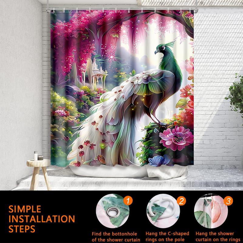 Peacock Print Bath Curtain with Hooks, 1 Count Modern Waterproof Shower Curtain with 1 Count Random Color Curtain Strap, Bathroom Accessories for Decor