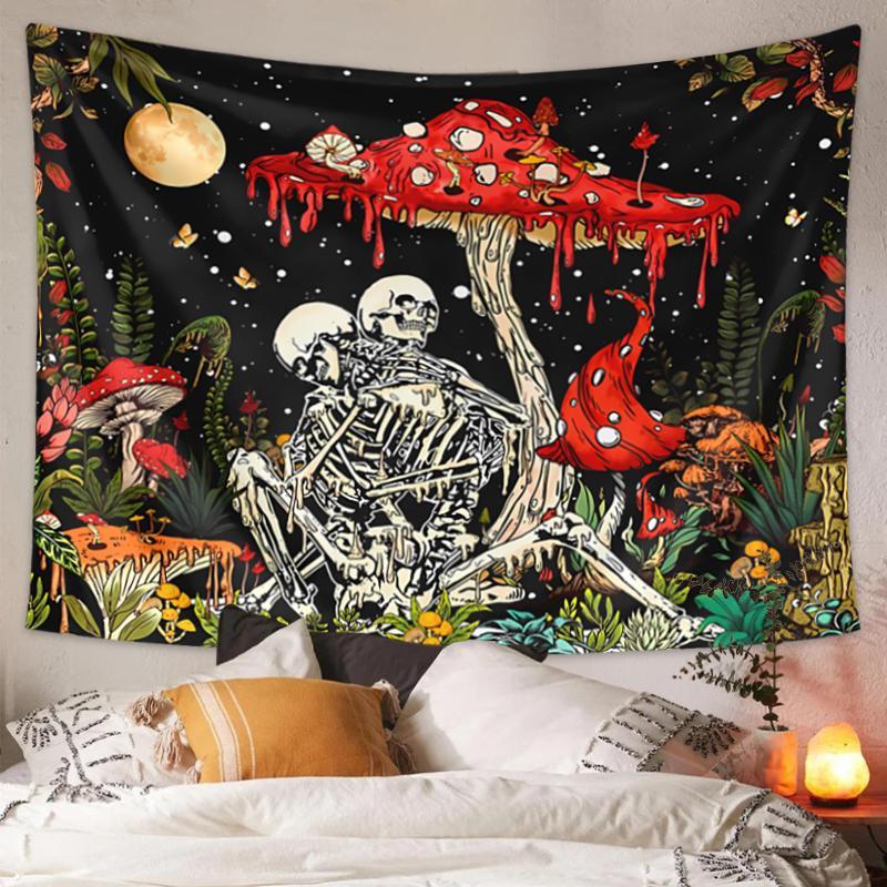 Halloween Mushroom & Bone Printed Tapestry, 1 Count Fantasy Flower Plant Aesthetics Tapestry for Home Decor, Halloween Decor 2024, Home Decoration Pendant, Room Accessories