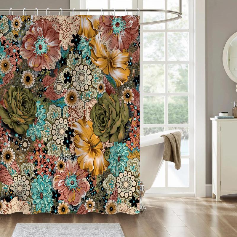 Bohemian Floral Pattern Shower Curtain, 1 Count Waterproof Shower Curtain with Hooks, Bathroom Supplies for Home Decor