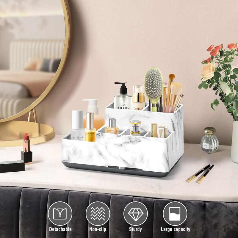 Electric Toothbrush Holder for Bathroom, Plastic Bathroom Countertop Organizer Compartment, Vanity Organizer Tray,Countertop Organizer Box, Desk Organizers and Storage,White Marble Pattern