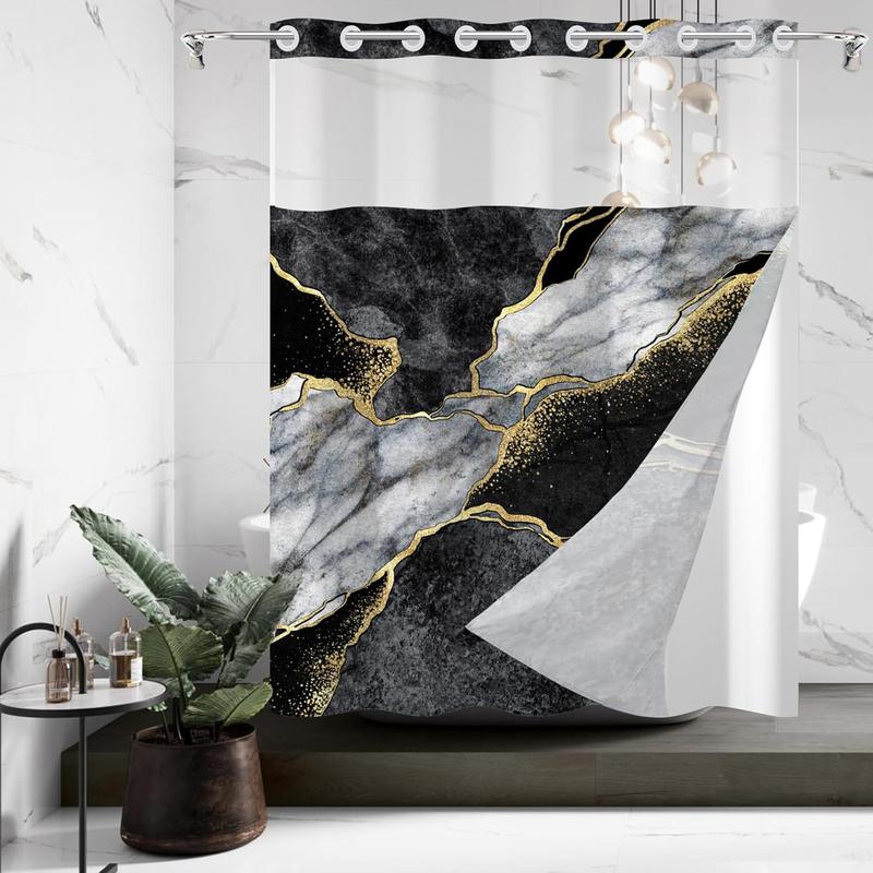 Hookless Shower Curtain with Snap in Liner Black Gold Marble Liner Set Modern Contemporary Crack Ink Texture Double Layers Waterproof See-Through Top Window Bathroom Decorative 71x83 inch