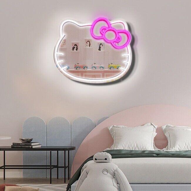 Kitty face Home Decor Mirror Kitty face shape Mirror, Bedroom Wall Mirror, Anime Neon Sign for Dresser, Locker Room,Living Room, Neon Light up Acrylic Mirror with Dimmable