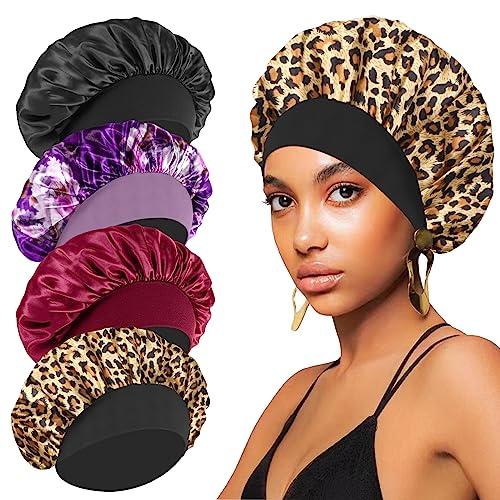 4PCS Silk Bonnet for Sleeping,Hair Satin Bonnets for Black Women Men,Hair Wrap Cap for Curly Hair,Elastic Wide Band Hair Bonnet Shower Cap for Sleeping (Black & Peacock Blue & Pink & Khaki)