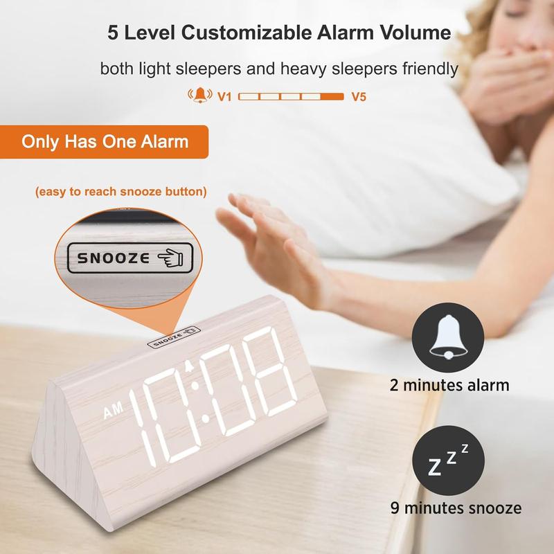 Wooden Digital Alarm Clocks for Bedrooms - Electric Desk Clock with Large Numbers, USB Port, Loud for Heavy Sleepers, Adjustable Volume, Dimmer, Snooze, DST, 12 24H, Living Room Wood Décor