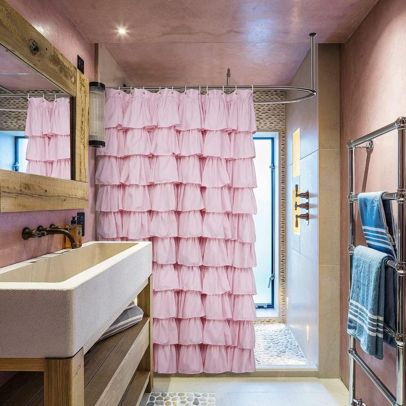 Charming Pink Ruffle Shower Curtain - Farmhouse Rustic Fabric Cloth, Premium Bathroom Decor. Soft and Elegant Pink Shower Curtain for a Cozy Farmhouse Bathroom. Rustic Chic Pink Ruffle Fabric Shower Curtain, Ideal for Bathroom Makeover.