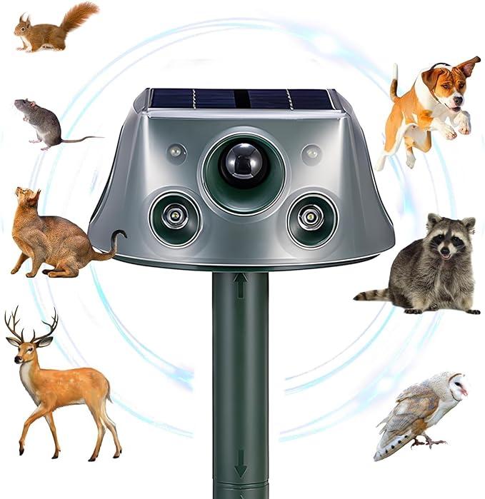 Ultrasonic Solar Animal Repeller for Yard, 6 Modes Outdoor Cat Repellent Squirrel Repellent with Motion Sensor & Flashing Light, Animals Deterrent for Squirrel Bird Deer Cat Skunk Dog for Yard Garden