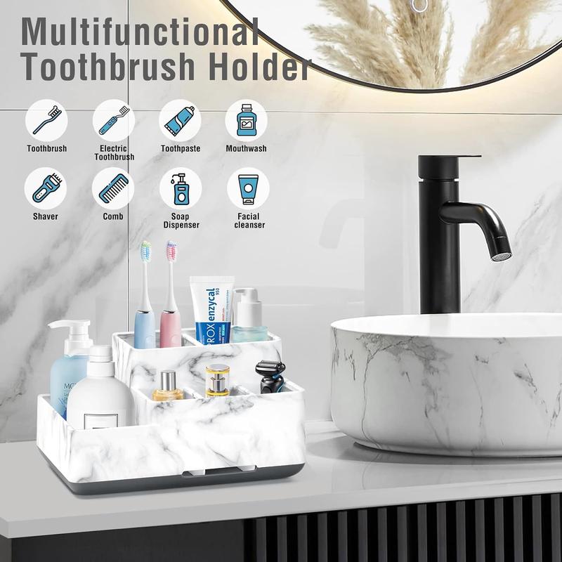 Electric Toothbrush Holder for Bathroom, Plastic Bathroom Countertop Organizer Compartment, Vanity Organizer Tray,Countertop Organizer Box, Desk Organizers and Storage,White Marble Pattern