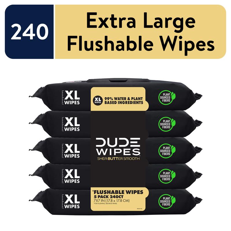 DUDE Flushable Wipes, Extra Large Shea BUTTer Smooth Wet Wipes, 240 Count