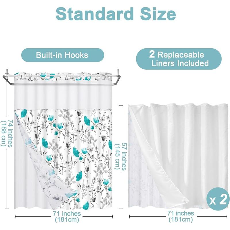 No Hooks Shower Curtain with Snap in Liner,  Floral Shower Curtain, See Through Shower Curtain Sets with Liner, Double Layer Bathroom Curtains for Hotel