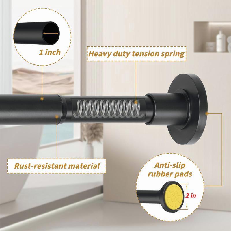 Black Rubber Stainless Shower Curtain Rod! Adjustable 30 - 80 Inch, Rust-proof Spring, No Drilling