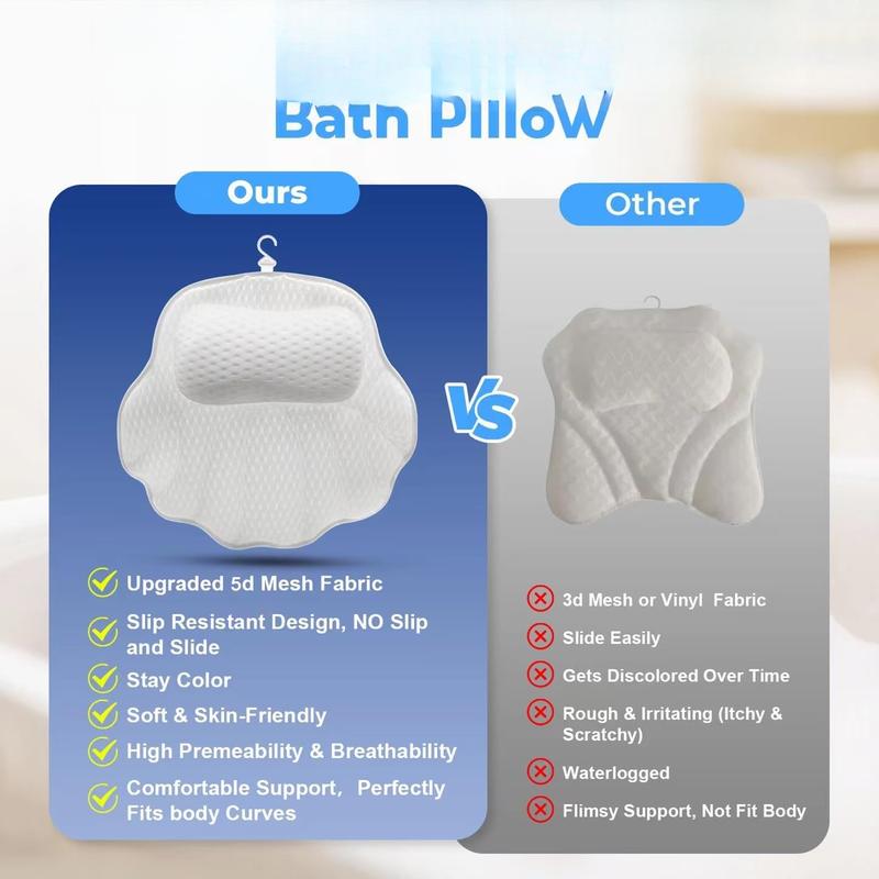 Bath Pillow, Comfortable Bath Pillows for Tub Neck and  Support, Non-Discolouring Luxury Bathtub Pillow, 5D Airmesh Bathtub Pillows for Head and Neck with Non-Slip Suction Cups