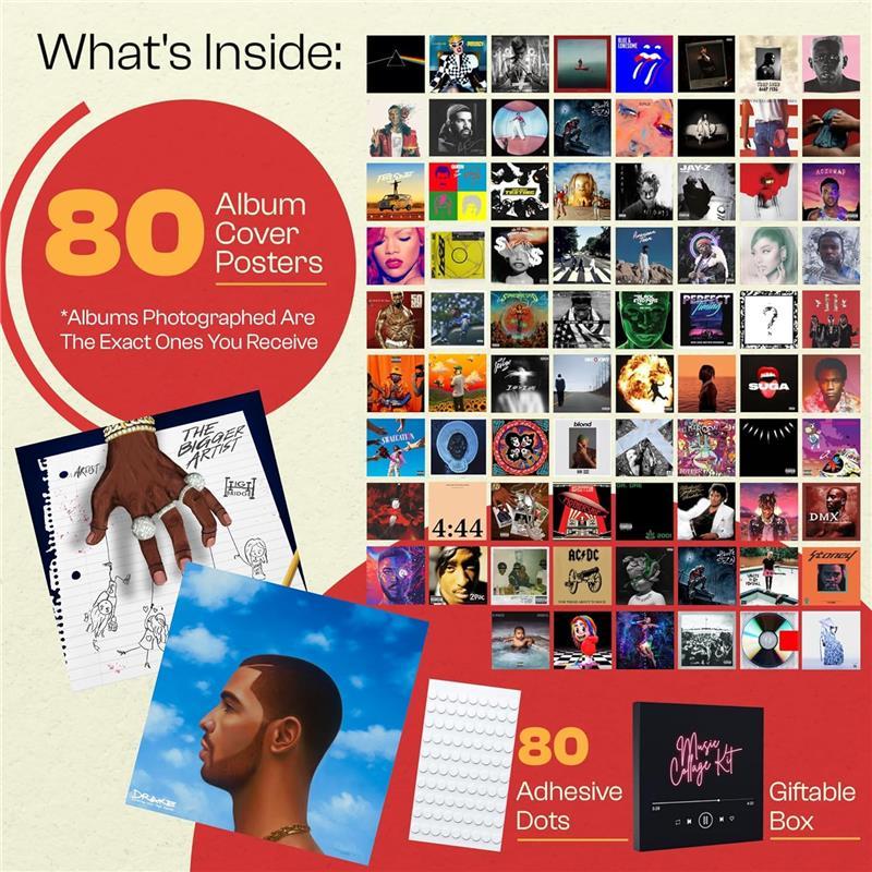 160 Pcs Album Covers | Unique Square Printed Photos 6x6 | 80 Poster Pack & 80 stickers | Aesthetic Music Posters for Room