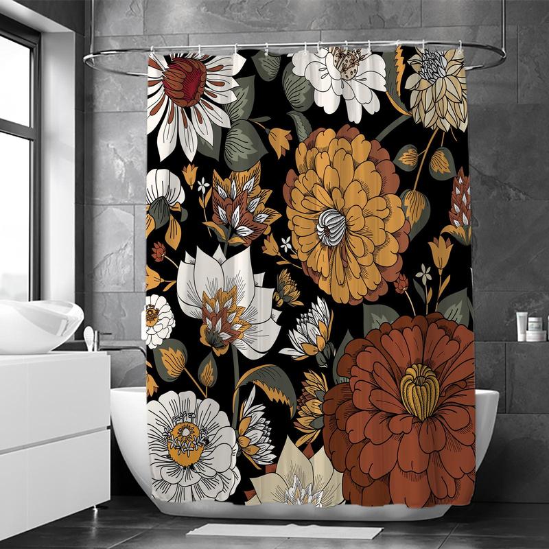 Bohemian Floral Pattern Shower Curtain, 1 Count Waterproof Shower Curtain with Hooks, Bathroom Supplies for Home Decor