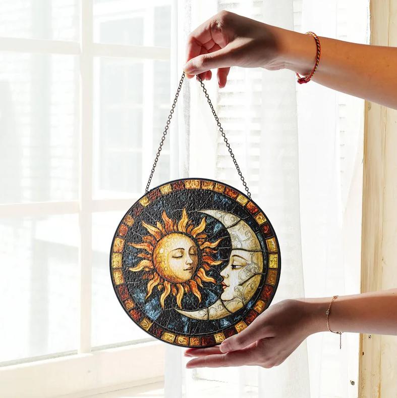 Sun & Moon Stained Glass Sun Catcher, Featuring Faces, Window Hanging Decor, Ideal Gift for Home Decoration.