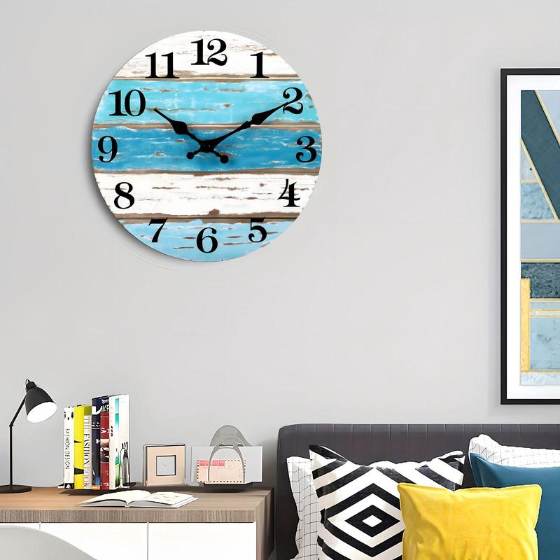 Wooden Wall Clock, 1 Count Battery Powered Beach Themed Silent Wall Clock, Round Wall Clock for Home Kitchen Living Room Office Bathroom Decor(without Battery)