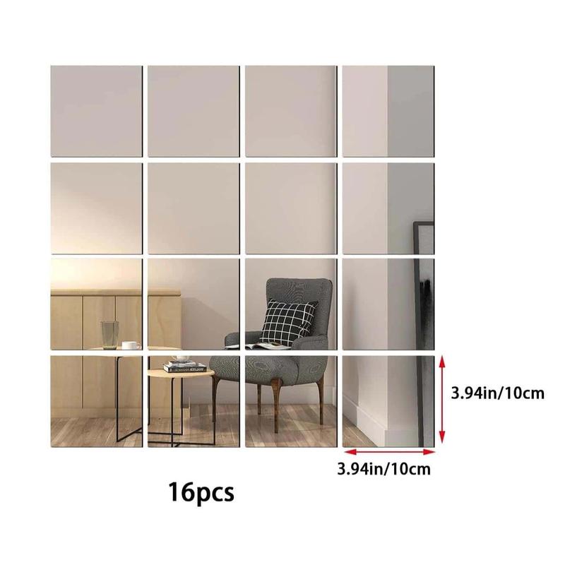 Acrylic Square Mirror Tiles, 16pcs set Modern Art Mini Adhesive Square Mirror Tiles, DIY Home Decor for Bathroom Living Room Bedroom Dining Room