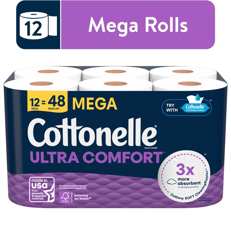 Cottonelle Ultra Comfort Toilet Paper, Soft Toilet Tissue, 12 Mega Rolls