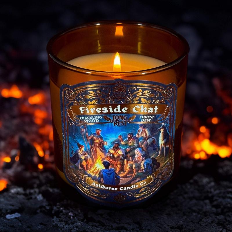 Fireside Chat Scented Candle - DnD Inspired - Crackling Wood, Forest Dew - Natural Coconut Wax - 8oz - 35 h Burn Time - Premium Foil Label