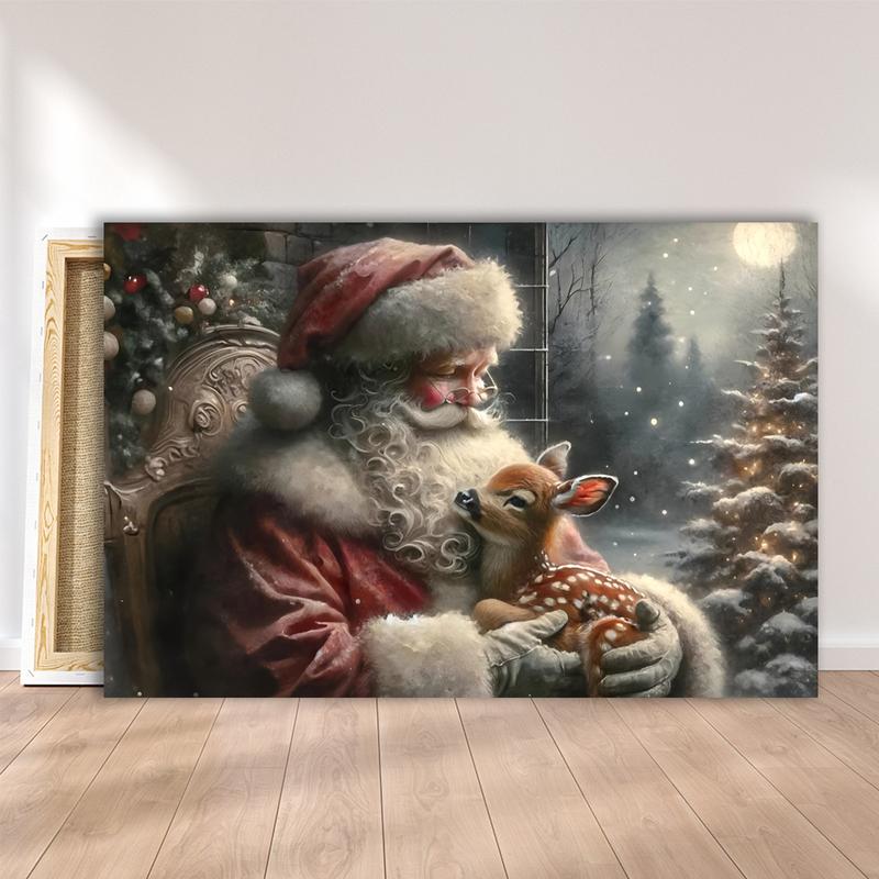 Frameless, Christmas Holiday Antique Oil Painting, Vintage Santa Claus and Reindeer Print, Winter Wonderland Wall Decor, Rustic