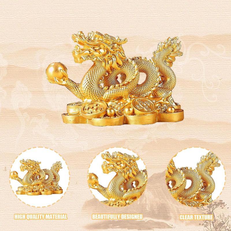 Feng Shui Dragon Statue- Chinese Dragon on Ancient Coins Figurine Ornament Attract Wealth and Good Luck Office Home Decor (Gold) Gift Decoration