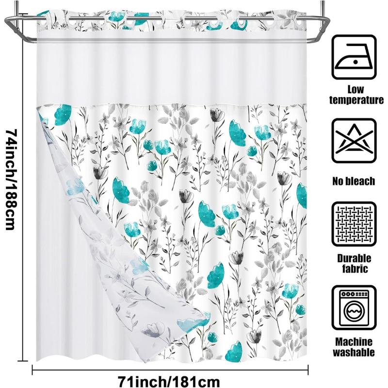 No Hooks Shower Curtain with Snap in Liner,  Floral Shower Curtain, See Through Shower Curtain Sets with Liner, Double Layer Bathroom Curtains for Hotel