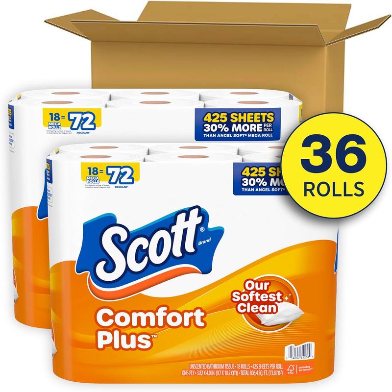 Scott ComfortPlus Toilet Paper, 12 Double Rolls, 231 Sheets per Roll, Septic-Safe, 1-Ply Toilet Tissue Pack Unscented Wipes Wipes