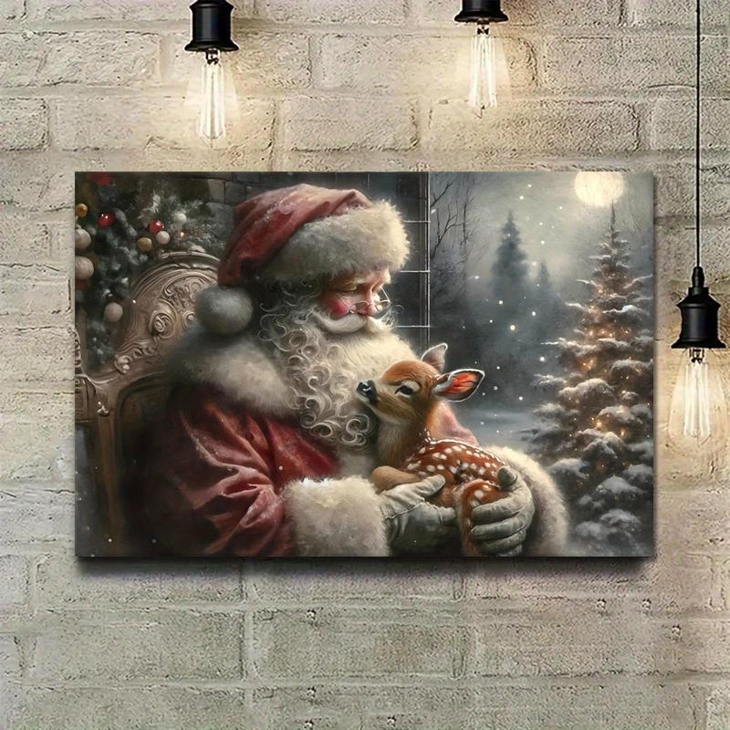 Frameless, Christmas Holiday Antique Oil Painting, Vintage Santa Claus and Reindeer Print, Winter Wonderland Wall Decor, Rustic