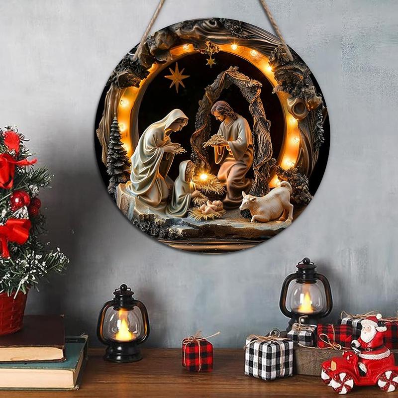 Wooden Jesus Birth Pendant, 1 Count Religious Decoration, Round Hanging Ornament, Home Decor for Living Room Bedroom Church