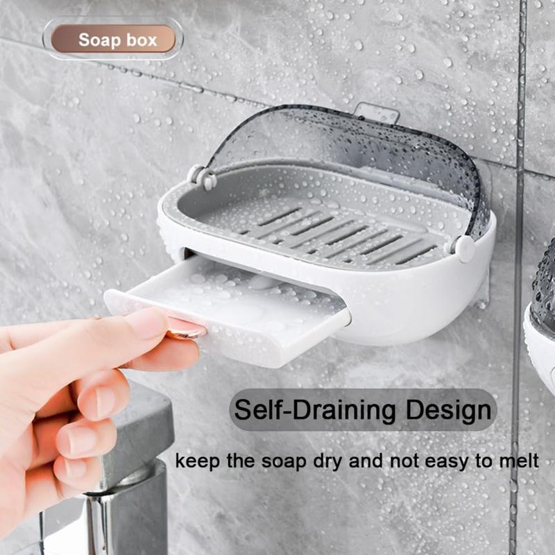 2 Pack Shower Soap Dish Holder with Lid, Bar Soap Holder with Drain, Wall Mounted Soap Box Container for Shower, Bathroom, Bathtub, Kitchen Sink, Adhesive Included