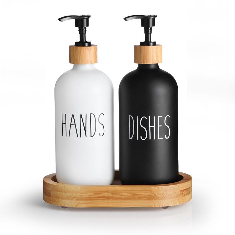 Soap Dispenser Set, 2 Counts set Hand and Dish Soap Dispenser with Wooden Tray Base, Kitchen Soap Dispenser Set, Bathroom Supplies