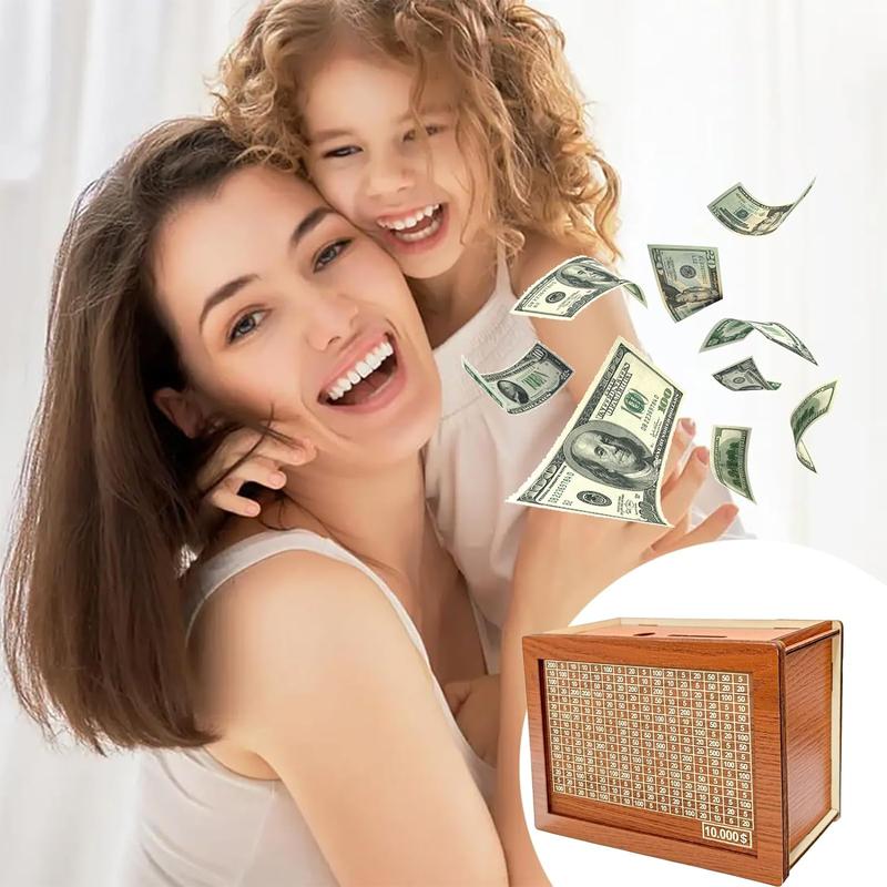 Wooden Money Box Money Bank, Countdown Money Saving Box with 10000 Dollars Target, Money Box with Money Target and Numbers to Check for Boys Girls (10000 USD) Decor Piggy Ornaments