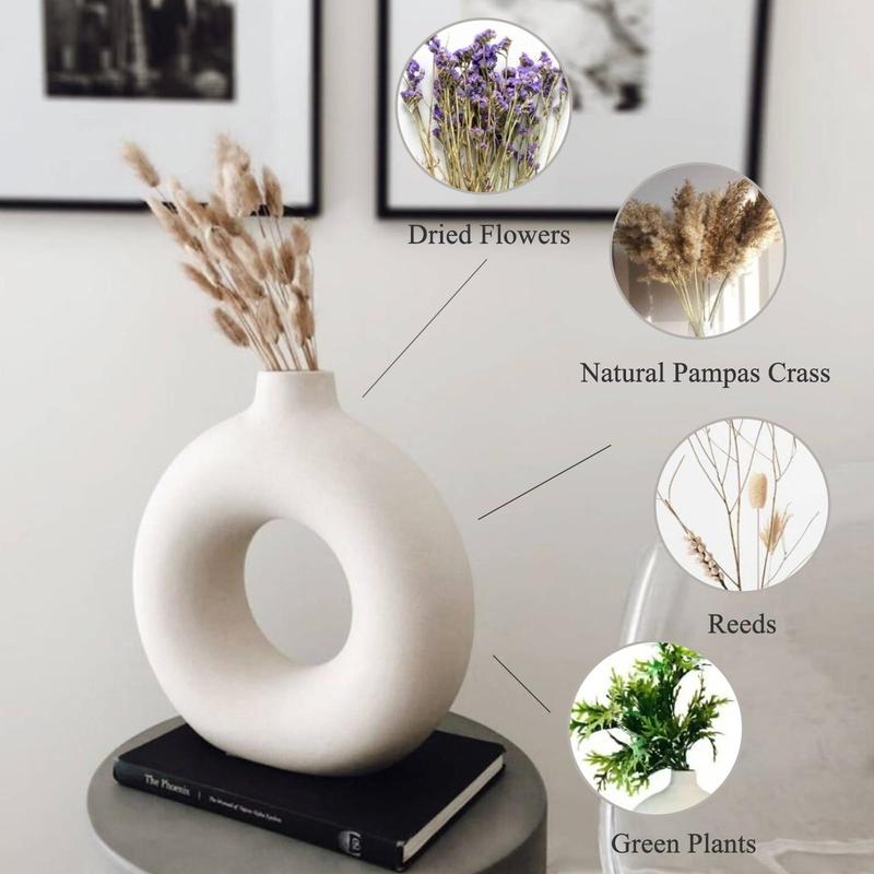 Ceramic Donut Vase Set of 2, Hollow Matte Pampas Flower Vases for Boho Home Wedding Party Room Dinner Table Shelf Decor