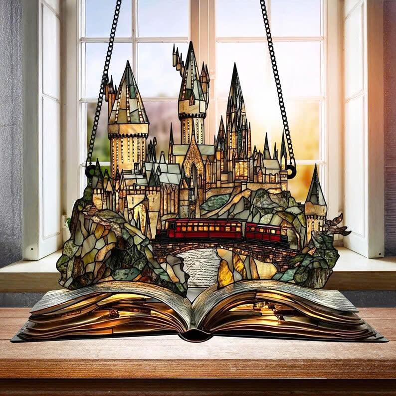 HGWs Express Train And Castle ACRYLIC Ornament Wizard School Acrylic Window Hanging Magical Castle Bookish Wall Art Hanging Decor