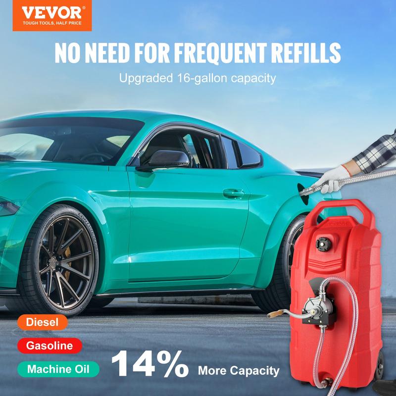 VEVOR 16 Gallon Fuel Caddy, 7.8 L min, Portable Gas Storage Tank Container with Hand Pump Rubber Wheels, Fuel Transfer Storage Tank for Gasoline Diesel Machine Oil Car Mowers Tractor Boat Motorcycle