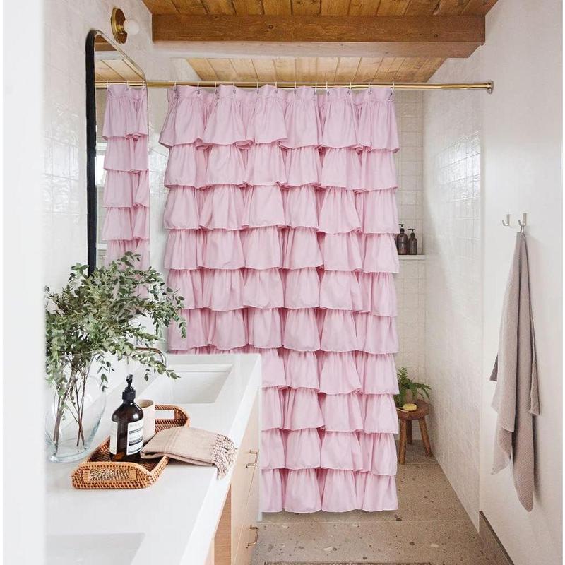 Charming Pink Ruffle Shower Curtain - Farmhouse Rustic Fabric Cloth, Premium Bathroom Decor. Soft and Elegant Pink Shower Curtain for a Cozy Farmhouse Bathroom. Rustic Chic Pink Ruffle Fabric Shower Curtain, Ideal for Bathroom Makeover.