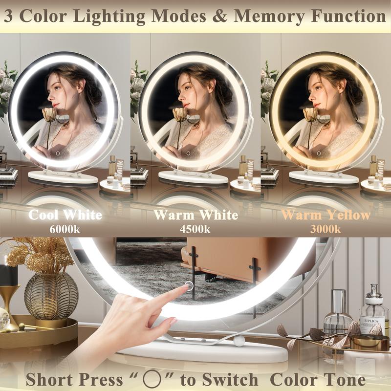 FENNIO 20inches Vanity Mirror with Lights, 3 Colors Dimmable, Round Lighted Makeup Mirror, 360°Rotation, Smart Touch, White Gold, Best Decor Gift