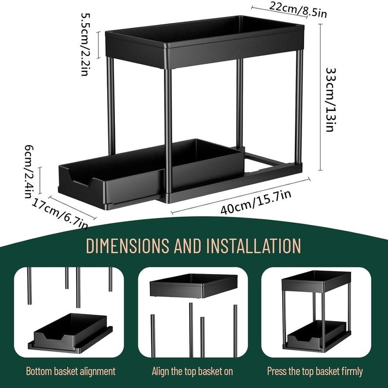 Under Sink Organizer, 1 Count 2-tier Large Capacity Sliding Cabinet Basket Organizer with Hooks, Multi-purpose Under Sink Storage Rack