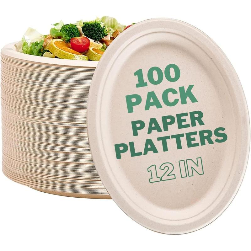 100 pack Oval Paper Plates 12 inch  Compostable Heavy-Duty disposable  platters thanksgiving dinner party bulk 12