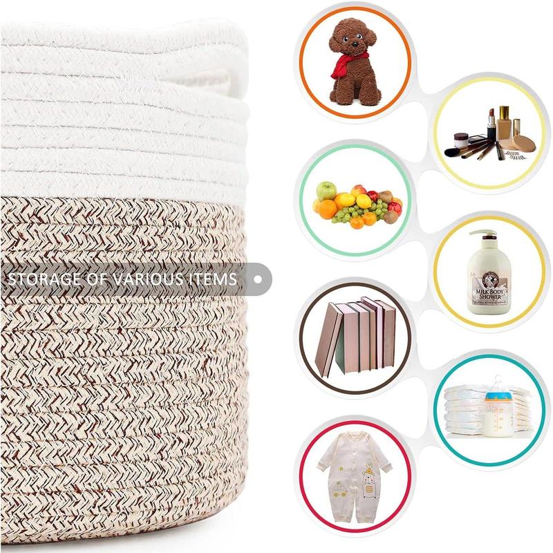 Small Rope Basket Round Woven Basket With Handle 9.5x9.5x7.1 in Cute Cotton Nursery Shelf Storage Basket Stitching Brown Beige Mixed Design Style 8.2L